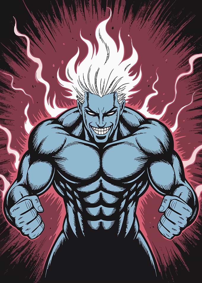 Muscular Blue Man with White Hair