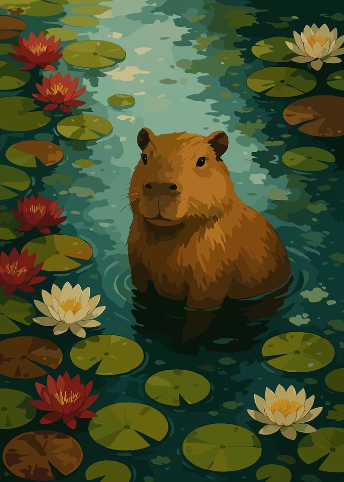 Capybara in a Lily Pond