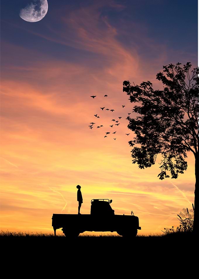 Silhouette of a person on a truck