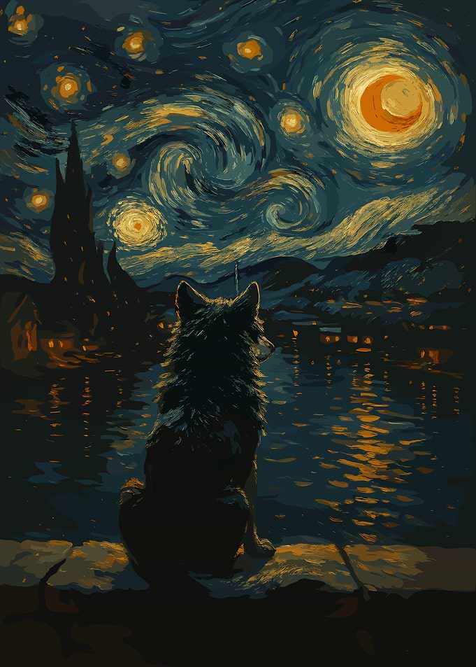Dog Starry Night Painting