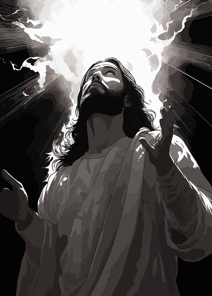 Monochrome Religious Figure with Light Rays