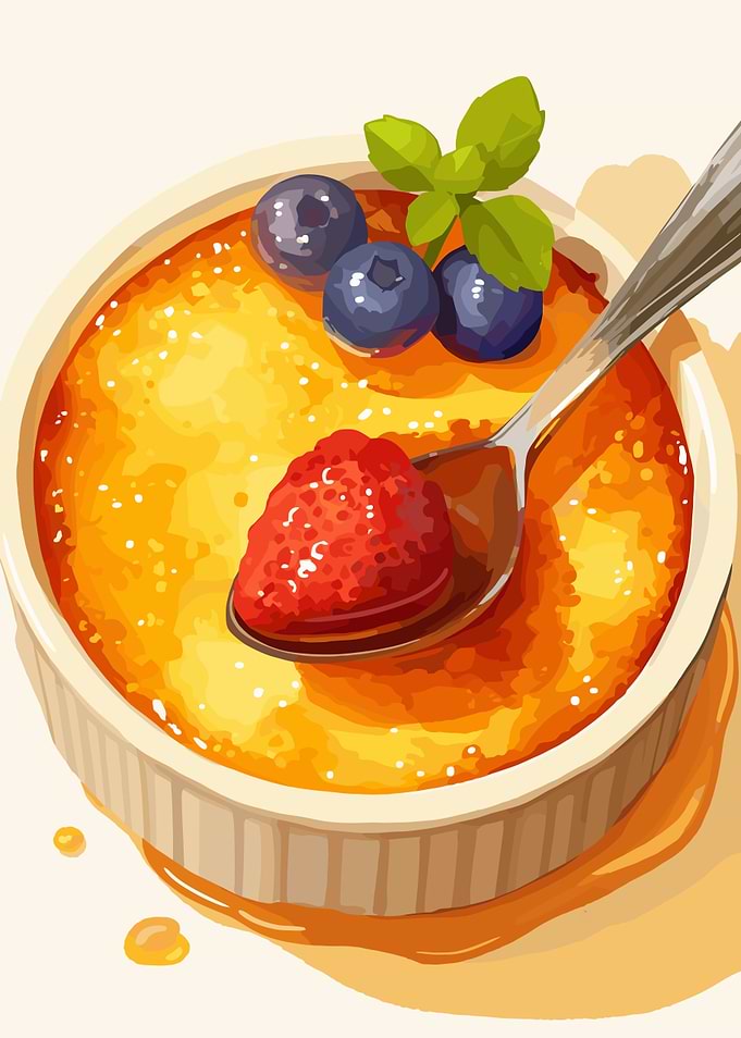 Crème brûlée with berries illustration