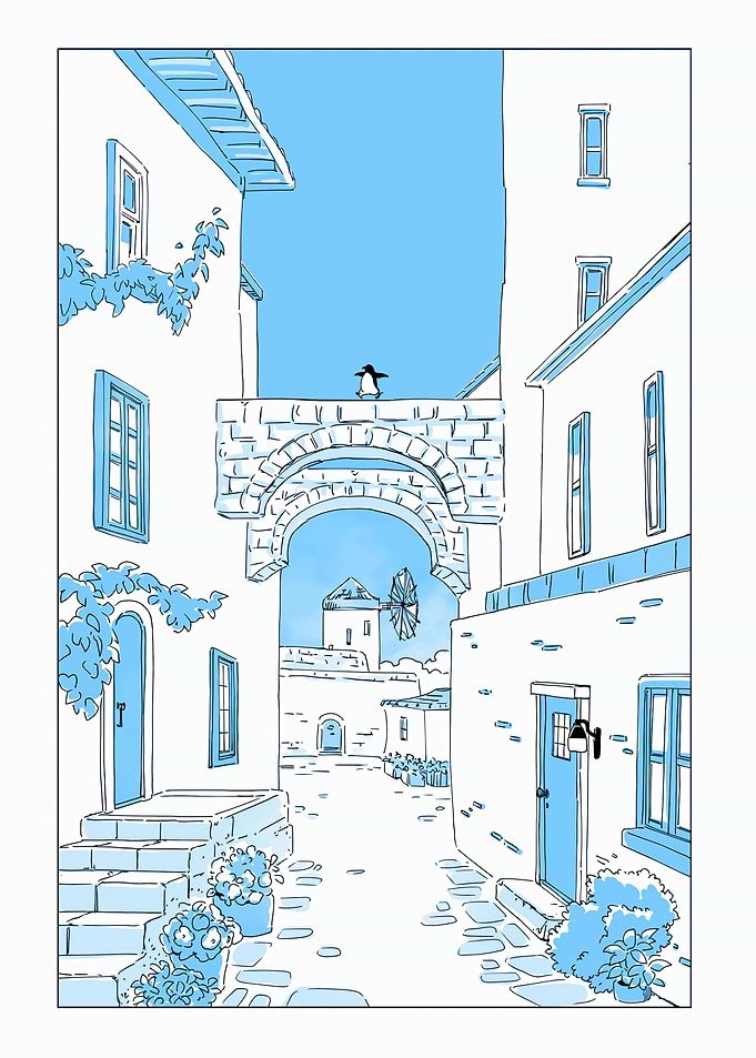 Penguin in Greek Village Illustration