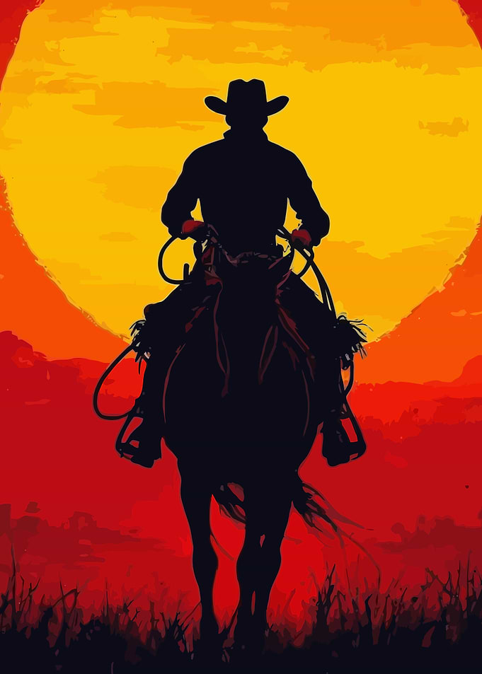 Cowboy Silhouette on Horseback at Sunset