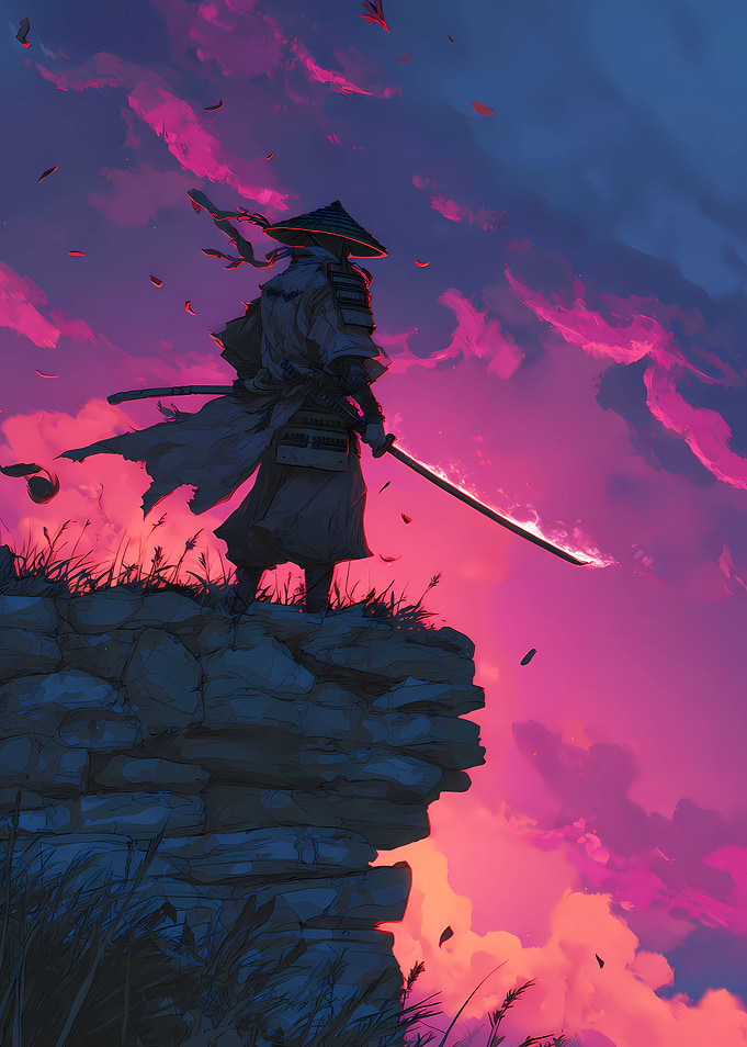 Samurai Warrior on Cliff at Sunset