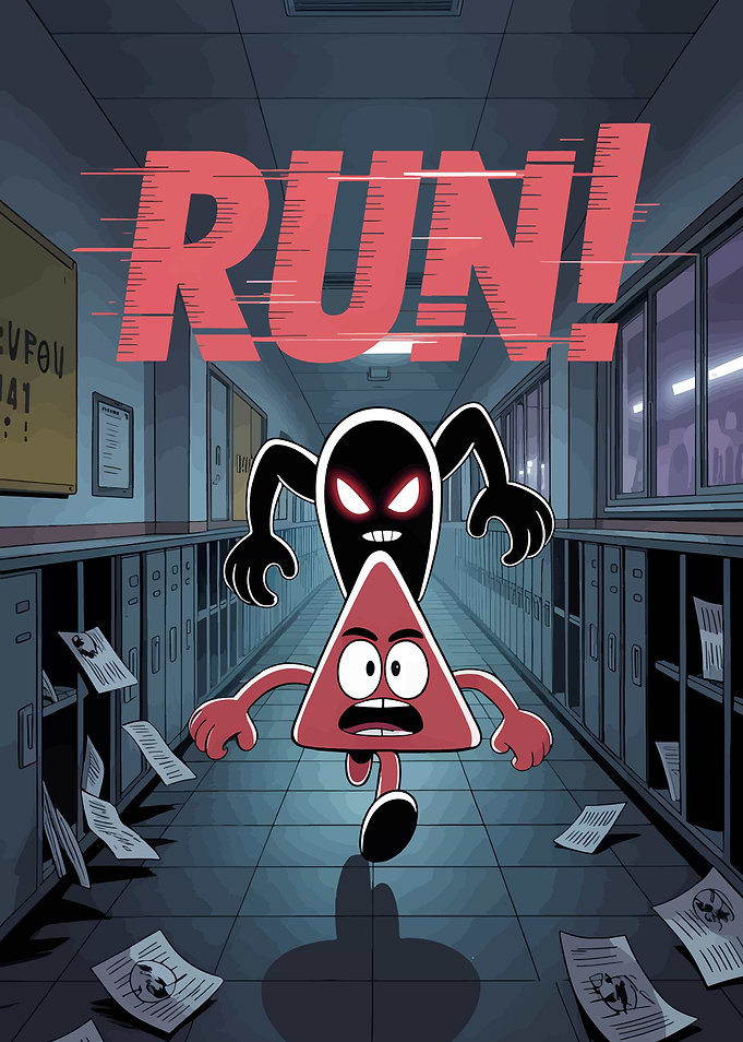 Cartoon Triangle Running from Shadow in Hallway