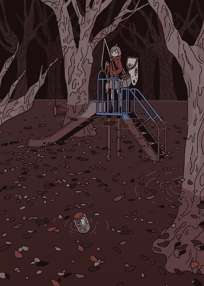 Girl Fishing in a Flooded Playground