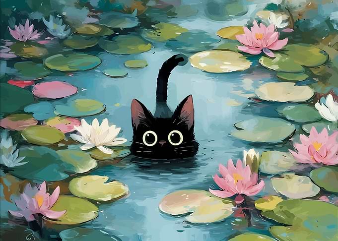 Black Cat in Lily Pond