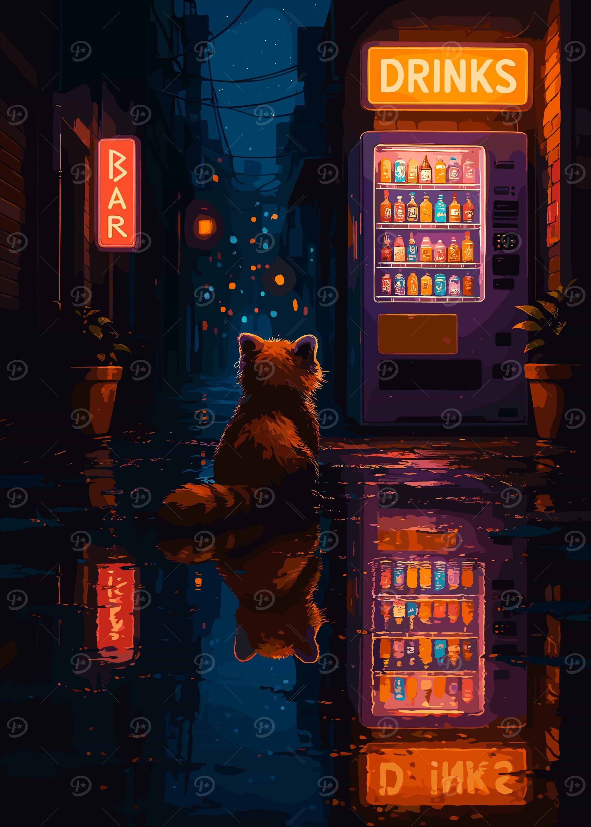 Red Panda in Rainy Cityscape