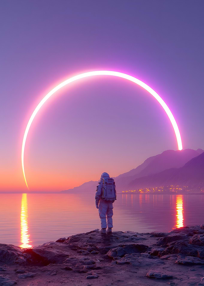 Astronaut and Neon Ring at Sunset