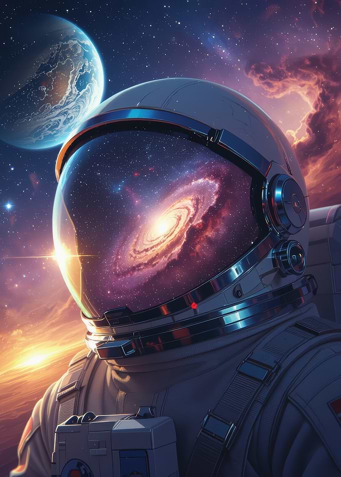 Astronaut in Space with Galaxy Reflection
