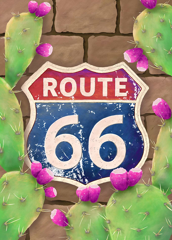 Route 66 with Prickly Pear Cacti