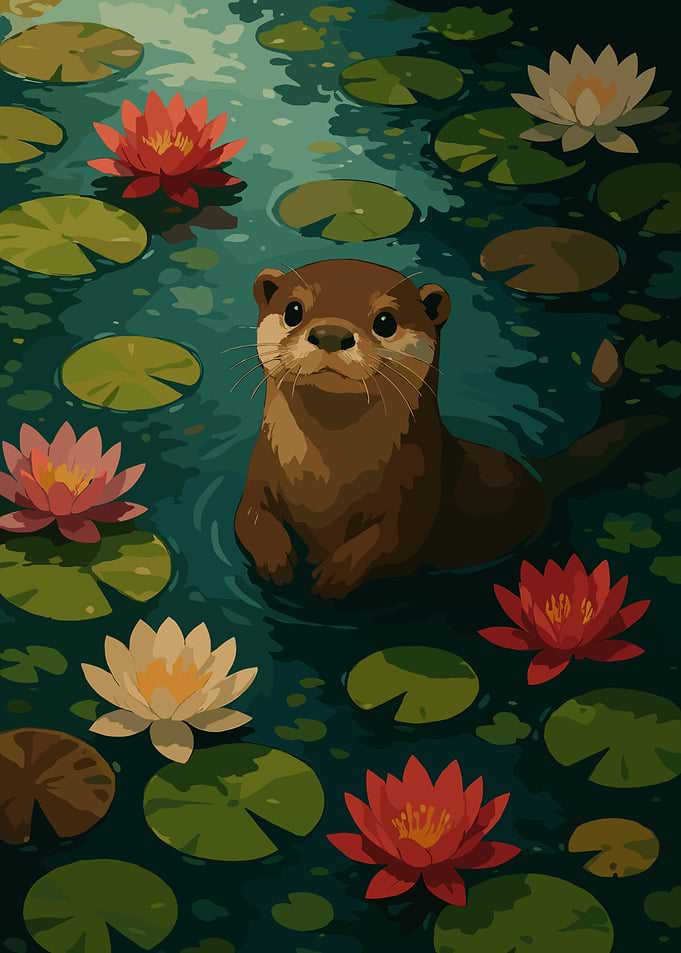 Otter in Lily Pond Illustration