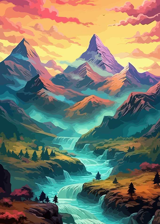 Colorful Mountain Landscape with Waterfalls