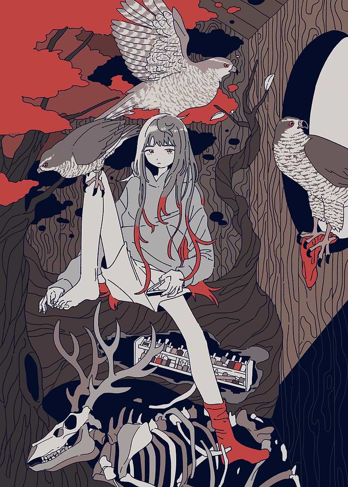 Girl with Hawks and Deer Skeleton