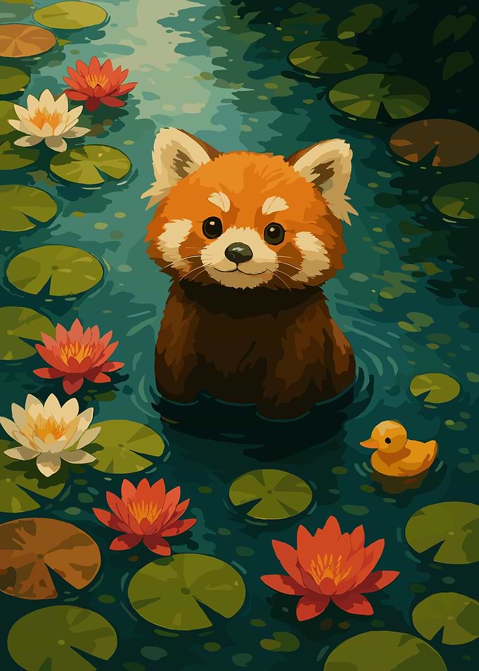 Red Panda in Lily Pond