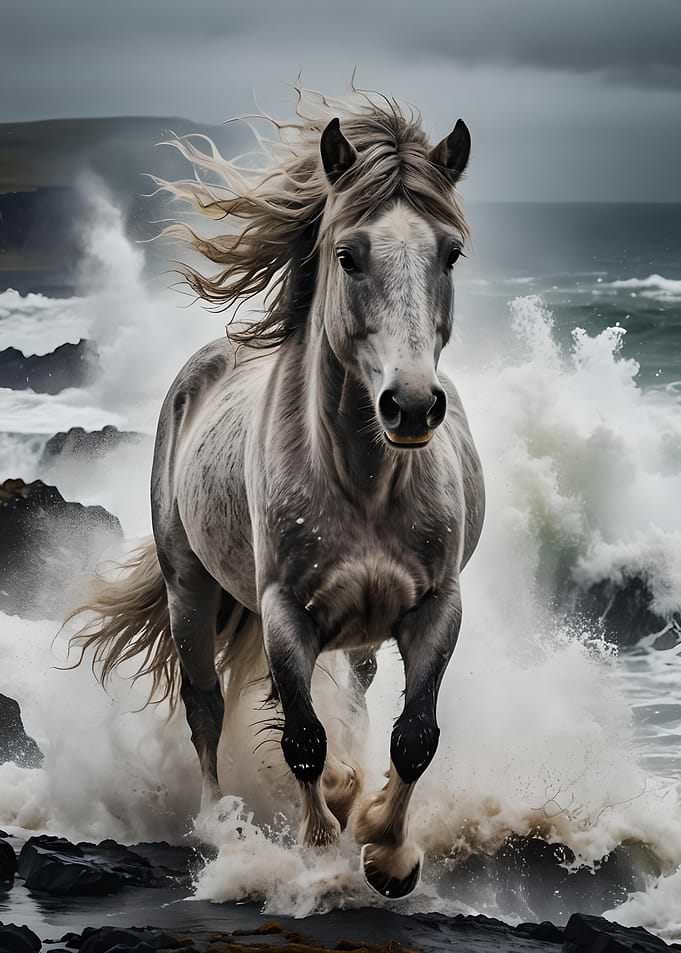 White Horse Galloping Through Ocean Waves