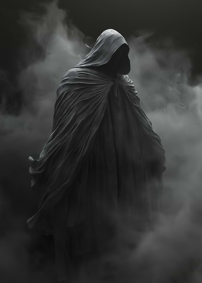A mysterious cloaked figure floating in the shadows