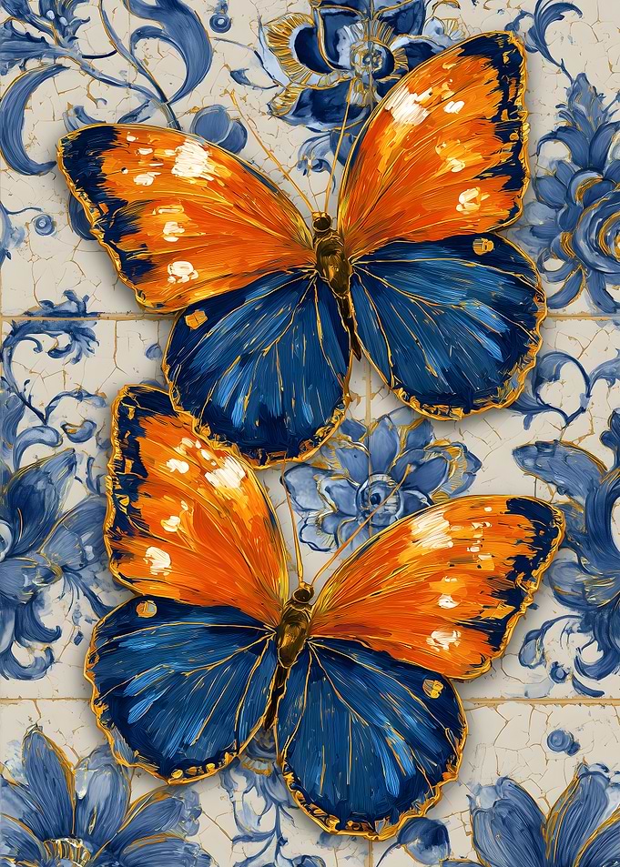 Two Butterflies on Floral Tile Background