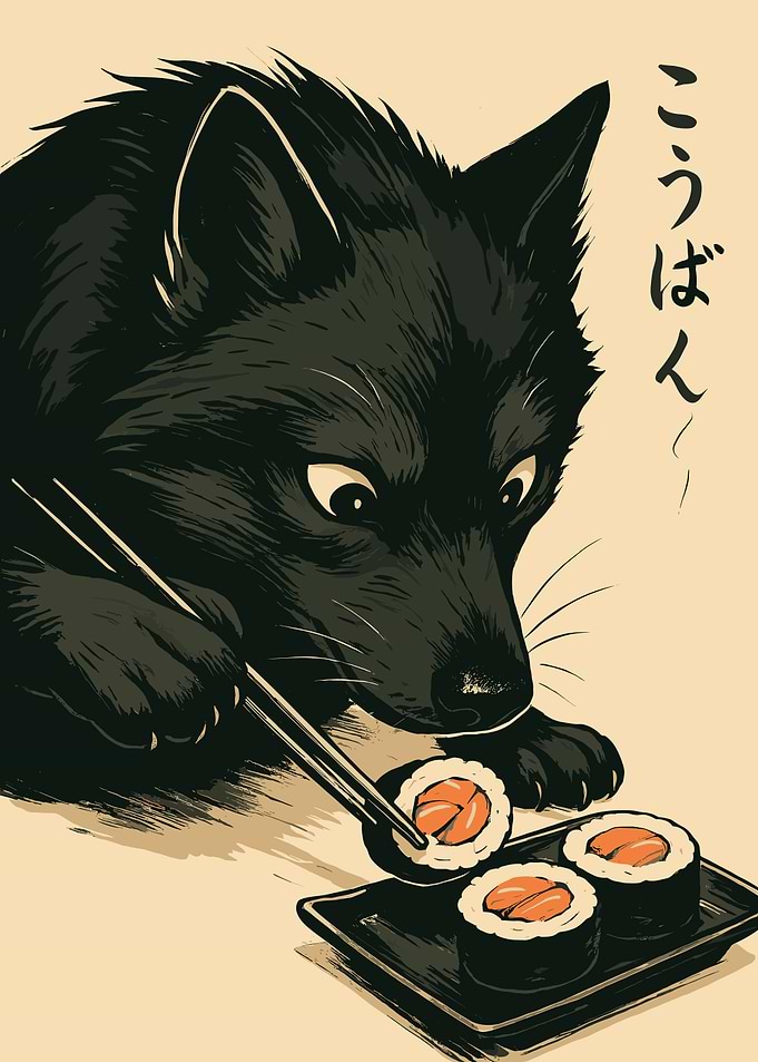 Wolf eating sushi with chopsticks