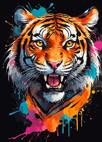 Colorful Tiger Portrait with Paint Splatters