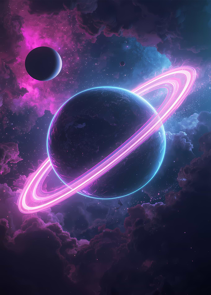 Neon Ringed Planet in Nebula