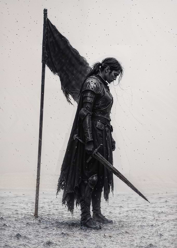 Female Knight with Sword and Flag