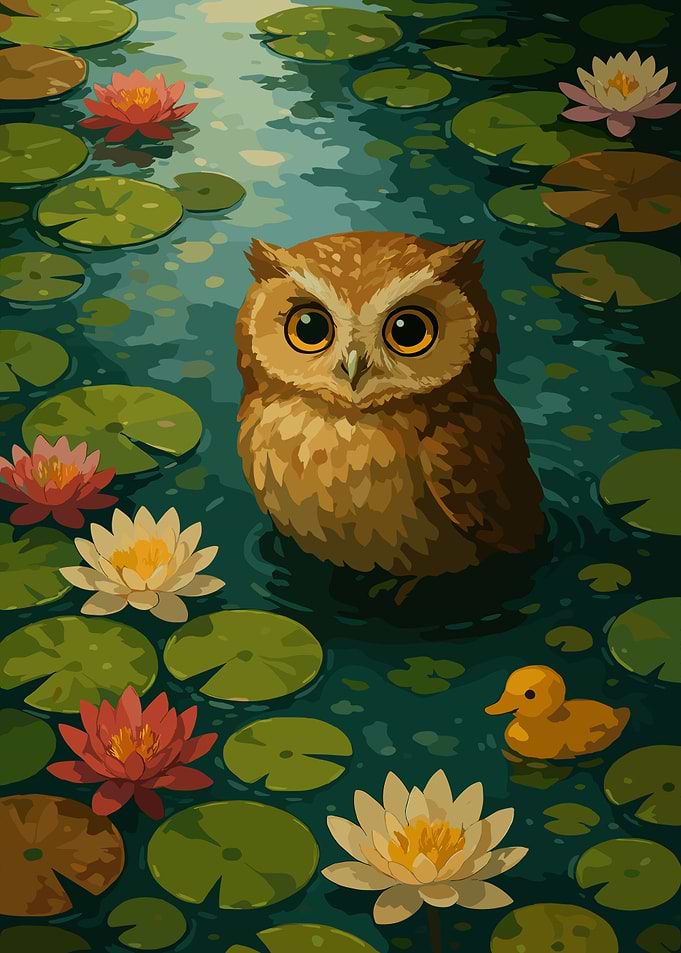 Owl in Lily Pond with Duckling