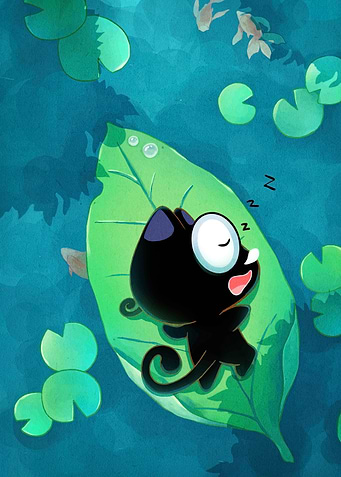 Sleeping Black Cat on Lily Pad