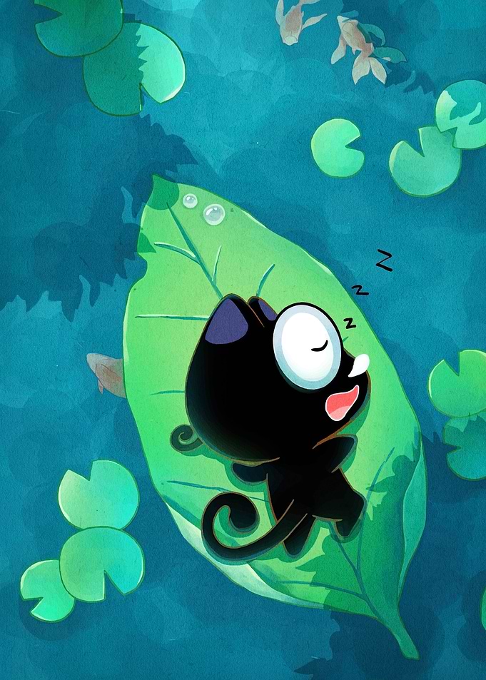 Sleeping Black Cat on Lily Pad