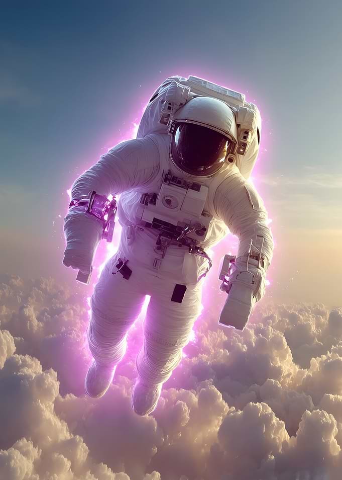 Astronaut floating above clouds with pink glow