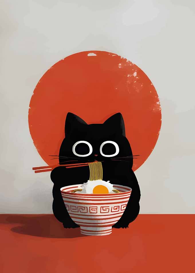 Black Cat Eating Ramen