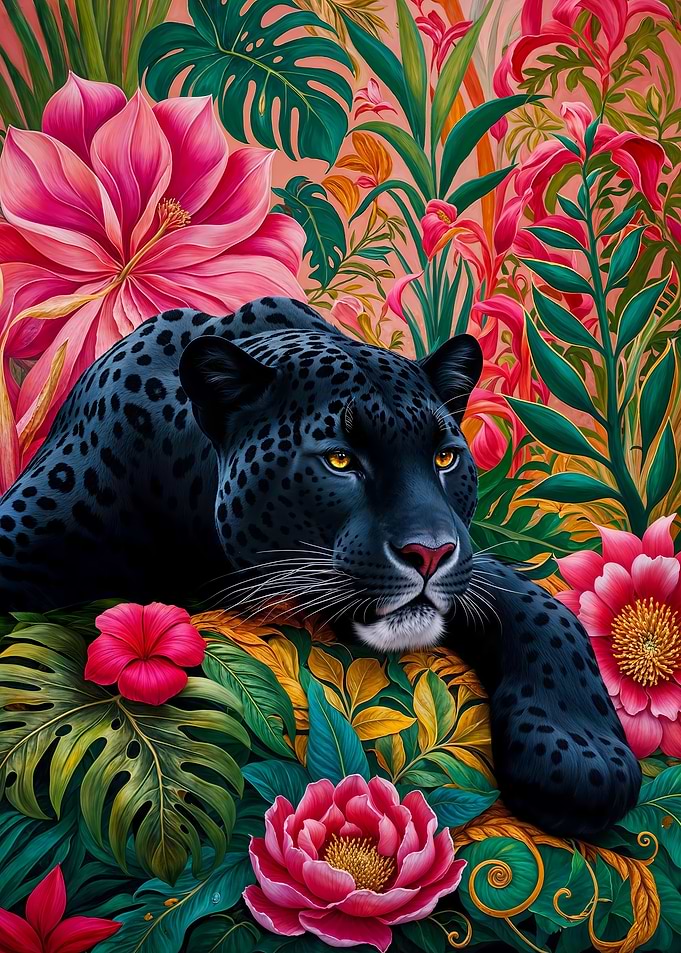Black Panther in Tropical Floral Paradise