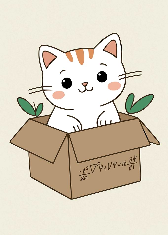Cartoon Schödinger Cat in Box with Equation