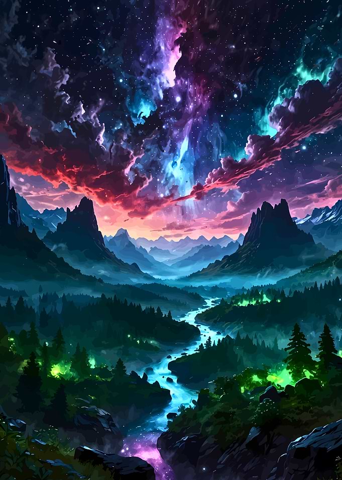 Cosmic Mountain River Landscape