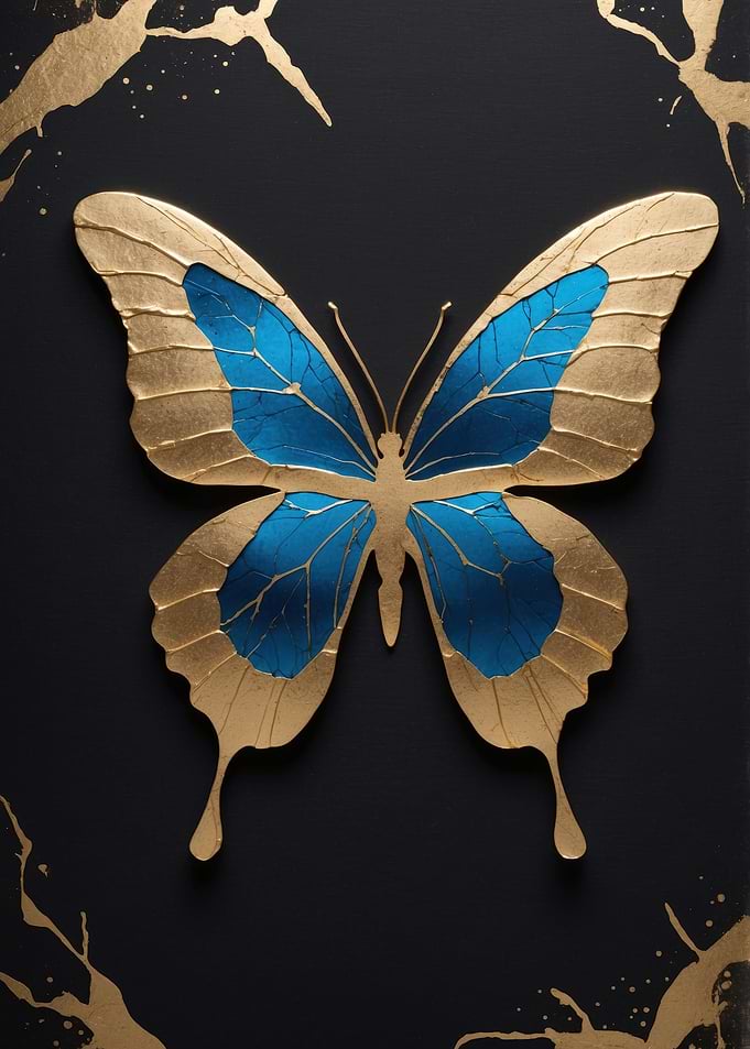 Blue and Gold Butterfly on Black