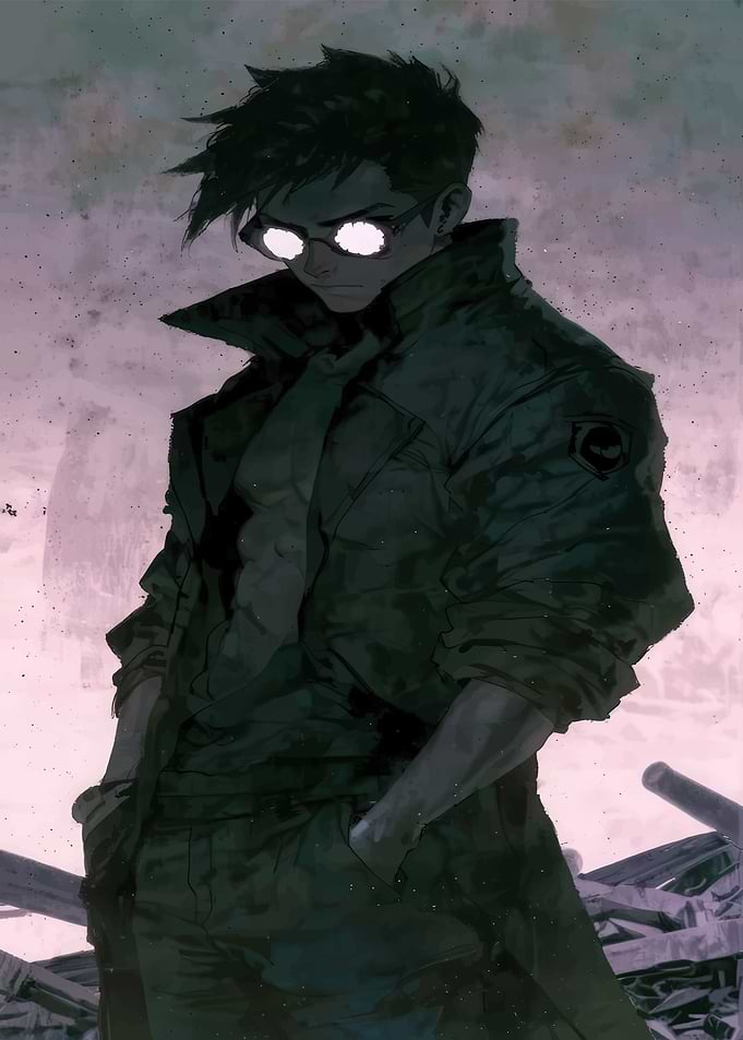 Anime-style man with glowing glasses