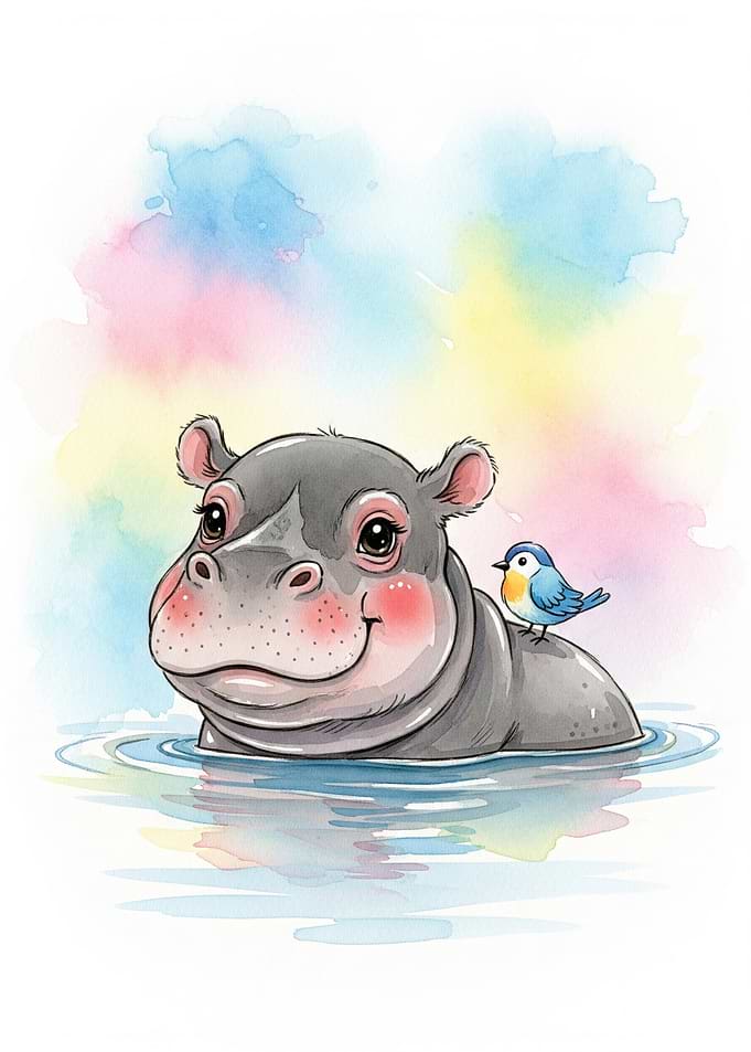 Watercolor Hippo with Bird Illustration