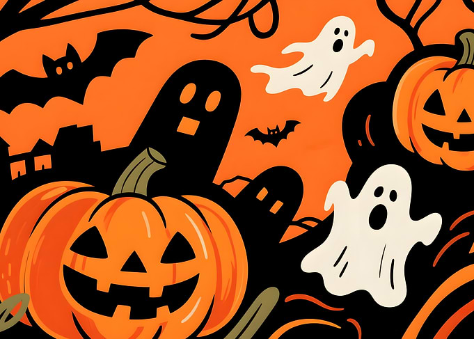 Spooky Halloween Night with Ghosts and Jack-o'-Lanterns