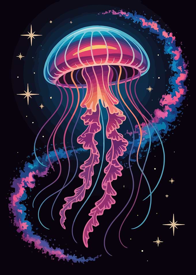Neon Jellyfish in Space Illustration