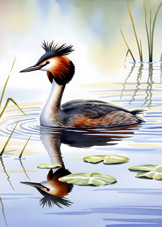 Great Crested Grebe Watercolor Painting
