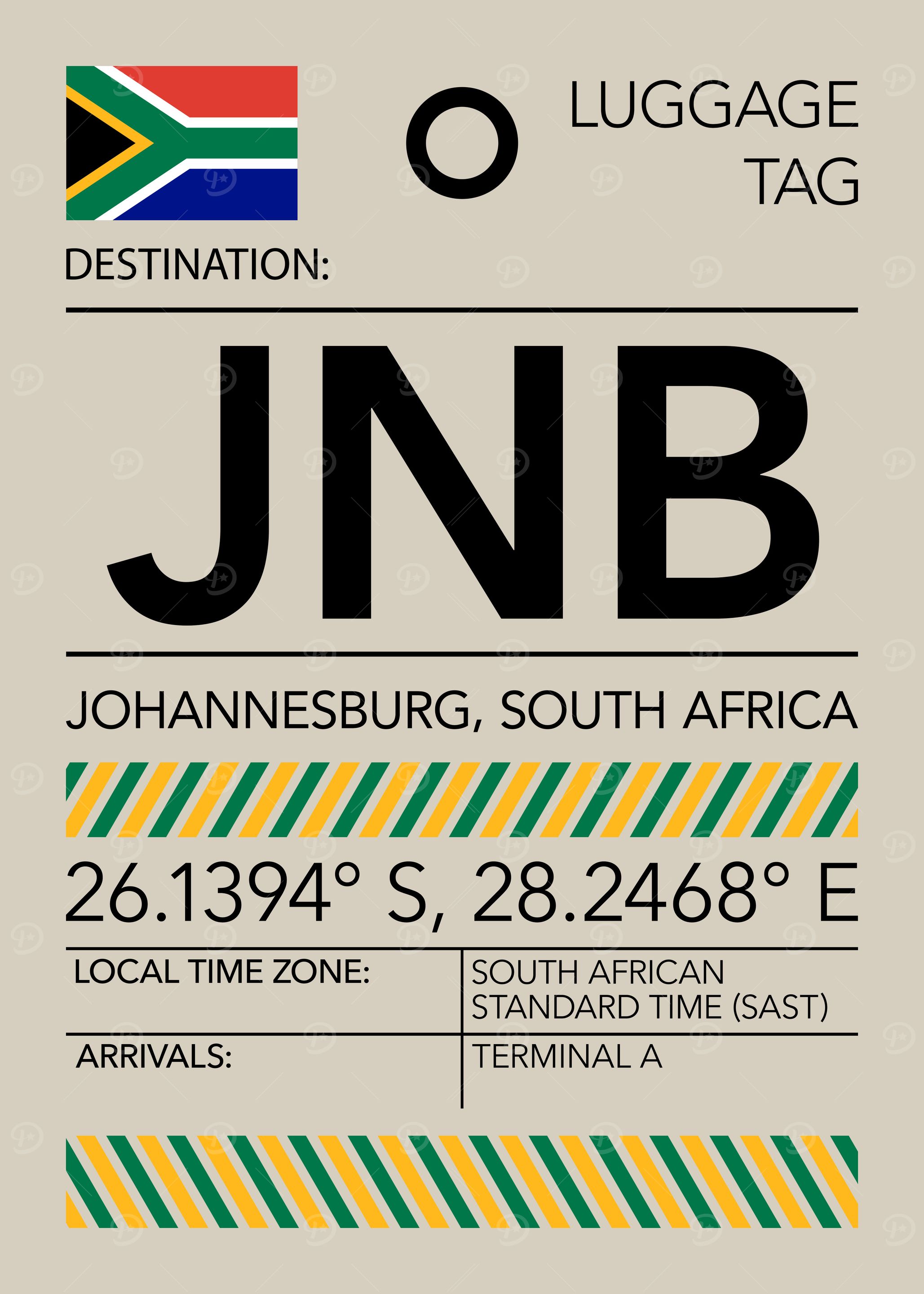 JNB Johannesburg, South Africa Airport Luggage Tag
