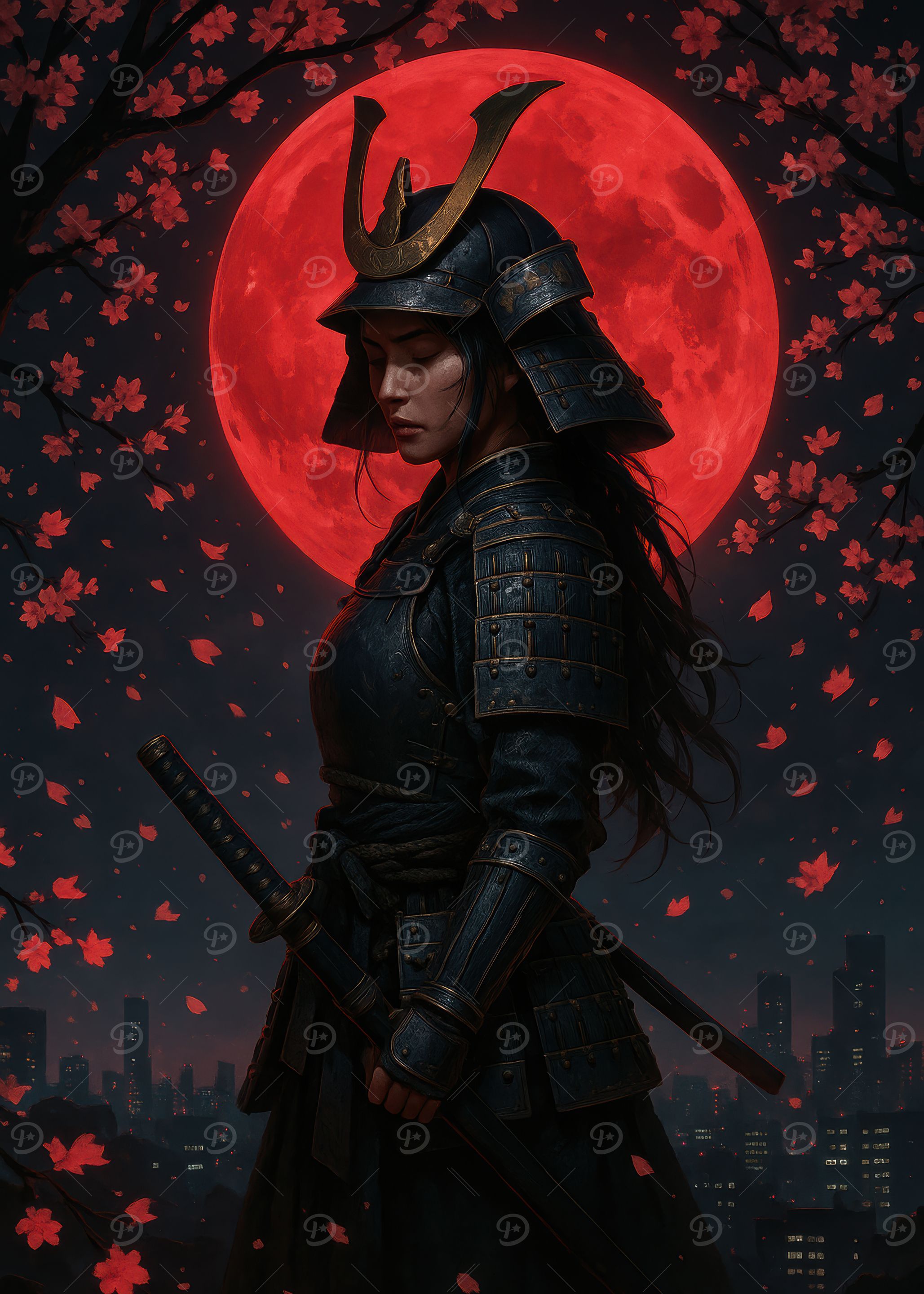 Female Samurai with Red Moon