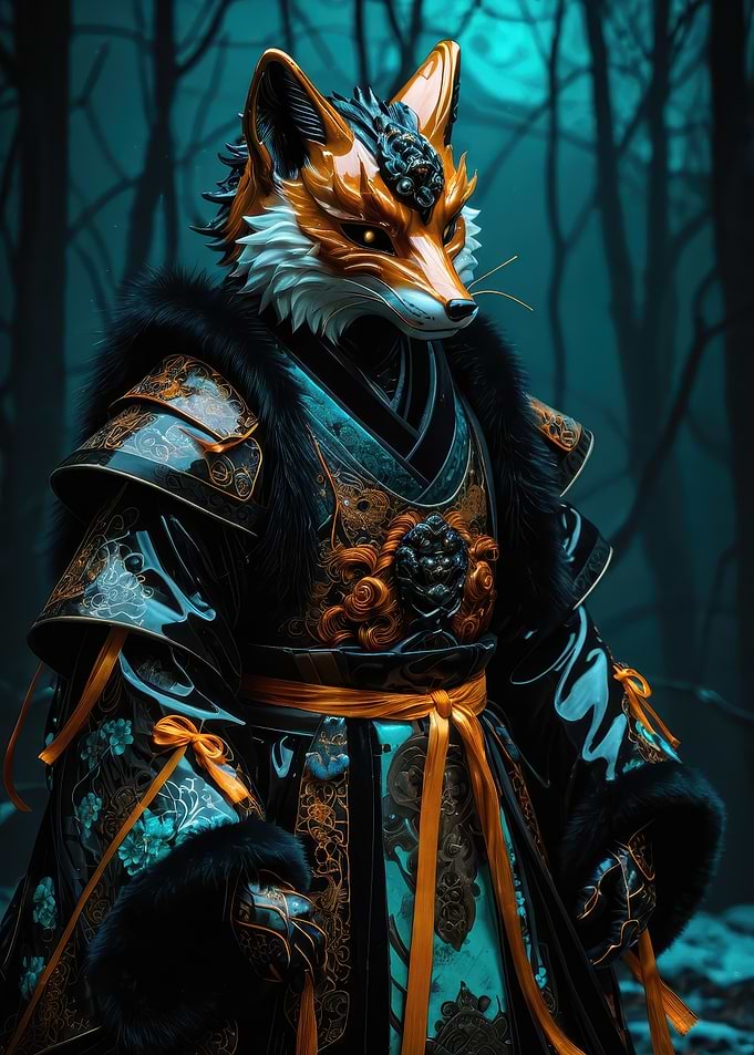 Fox Samurai — Ornate Anime-Style Fox Warrior in Teal & Gold Armor