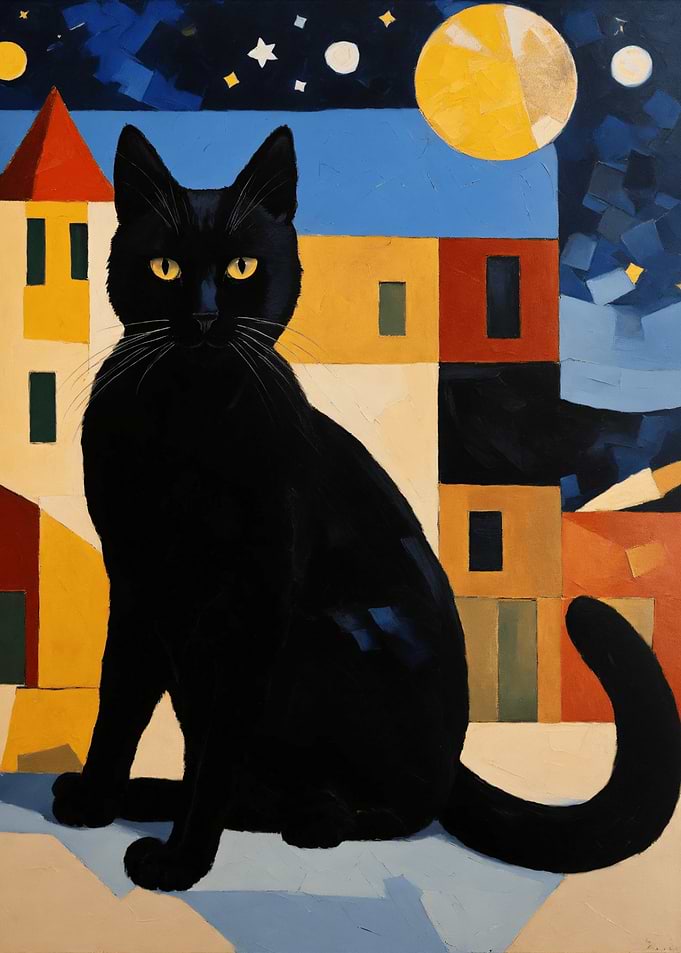 Black Cat Under the Moon Painting