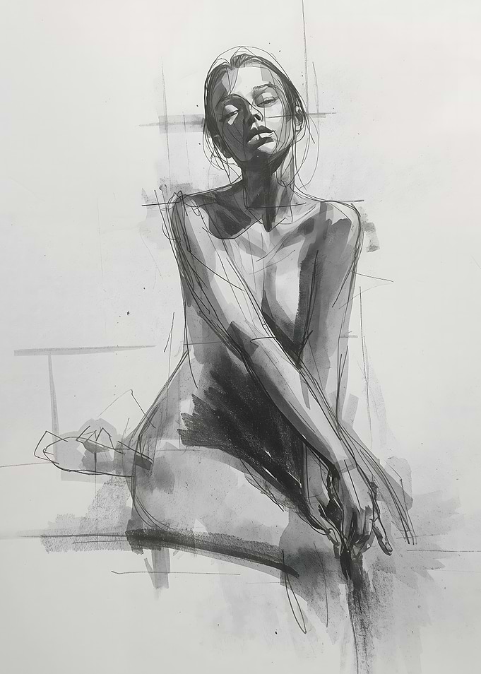 Charcoal Drawing Seated Woman Sketch