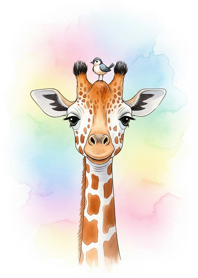 Giraffe and Bird Watercolor Illustration
