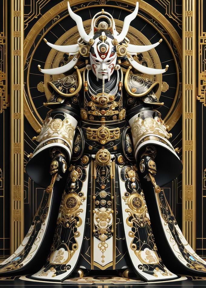 Ornate Golden Samurai Guardian — Kabuki-Masked Ceremonial Armor (Digital Art)
