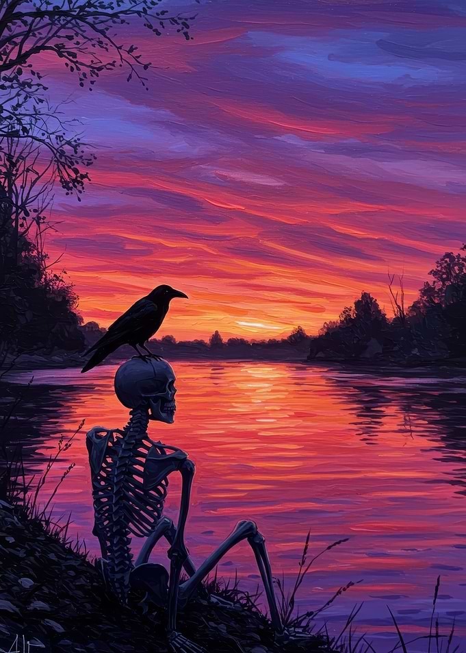 Skeleton and Crow at Sunset