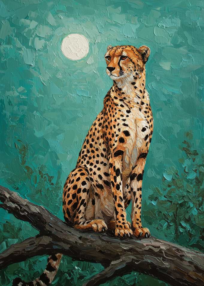 Cheetah on Branch Under Moonlight Painting